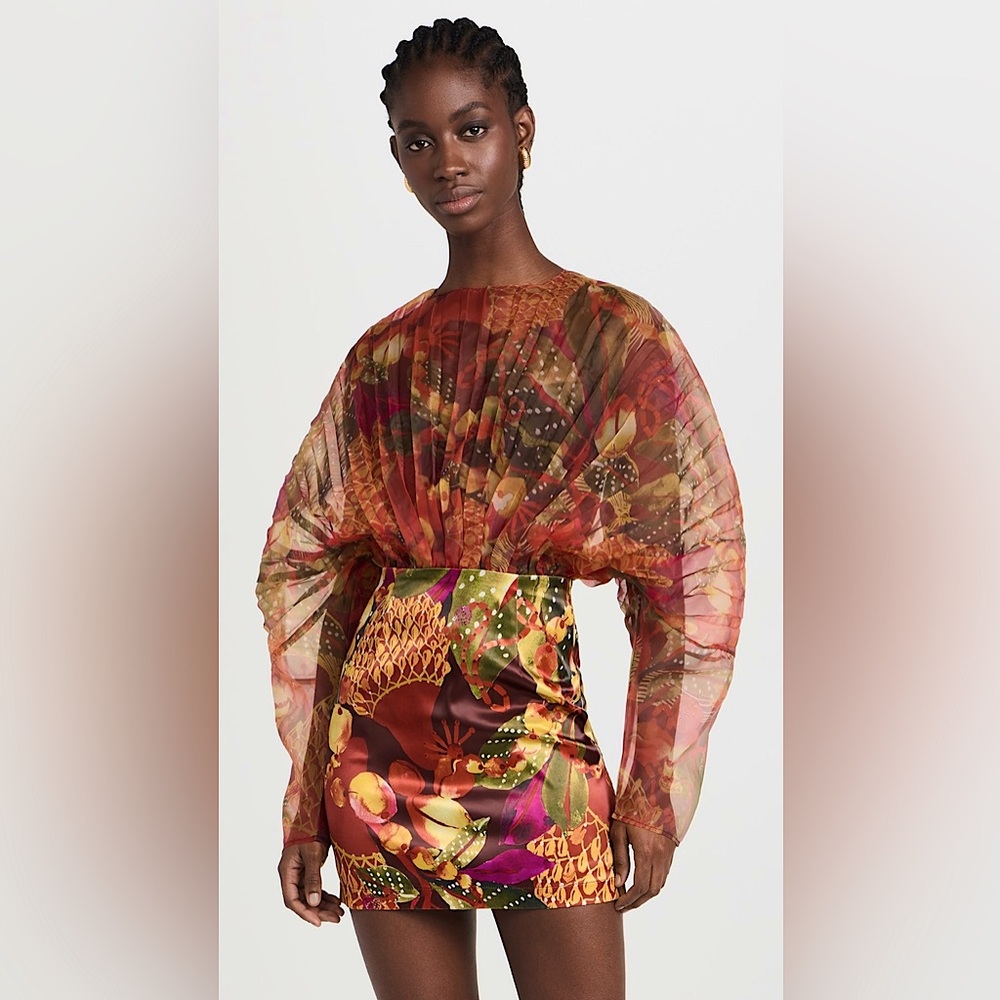 ANDREA IYAMAH Odi Tropical Pleated Organza Minidress Kola Print